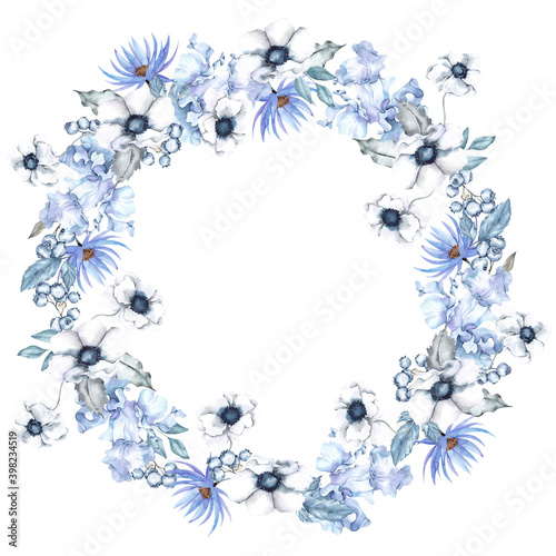 Watercolor frosty wreath with flowers  leaves and berry  isolated on white background  winter floral illustration