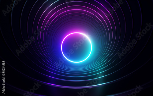 Glowing neon ring light in tunnel. 3d render. Futuristic abstract wallpaper. © Михаил Богданов