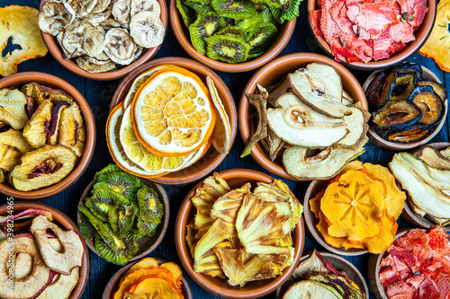 Wallpaper Mural Organic Healthy Assorted Dried Fruit Mix close up. Dried fruit snacks. dried apples, mango, feijoa, dried apricots, prunes top view Torontodigital.ca