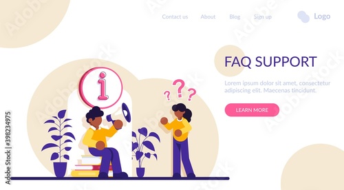 Online assistant, user help, frequently asked questions. Website FAQ section. Call center worker cartoon character. Problem solution, quiz game. Modern flat illustration.