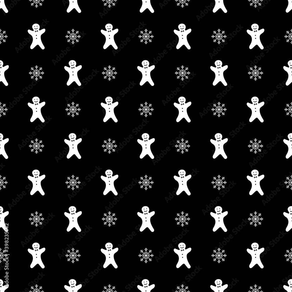 Gingerbread white man cookie and snowflakes seamless pattern for christmas design on black background. Merry Christmas holiday, Happy New Year Gingerbread white man cookie and snowflakes seamless pattern for christmas design on black background. Merry Christmas holiday, Happy New Year