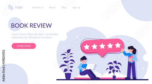 Book review concept. Readers give the highest rating. Five stars for quality. Modern flat illustration.
