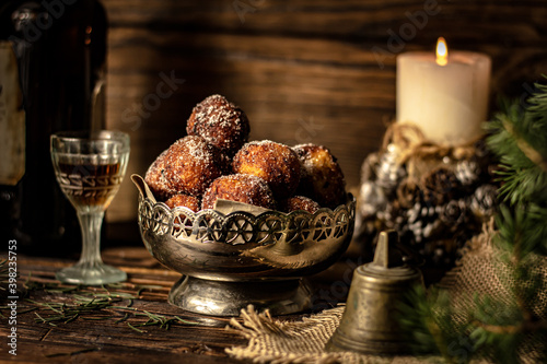 Fototapeta Naklejka Na Ścianę i Meble -  Cheese balls on Christmas background. Not all balls are in focus