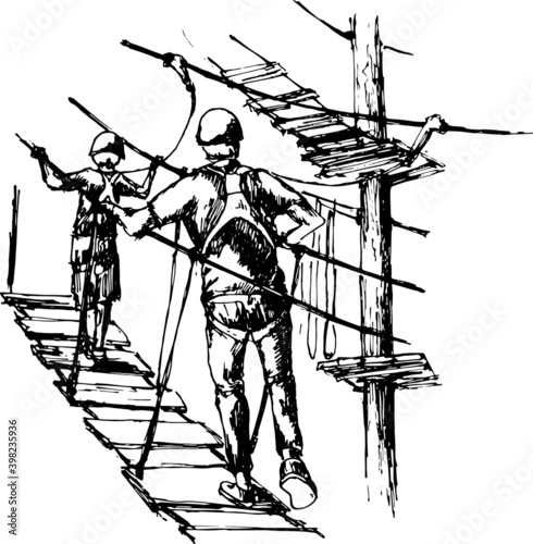 of a man and a child wearing harnesses and climbing gear in adventure park. vector image of a man and his child 