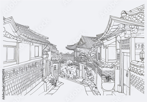 Illustration of Bukchon Hanok Village the famous traditional Korean style architecture in Seoul  South Korea 