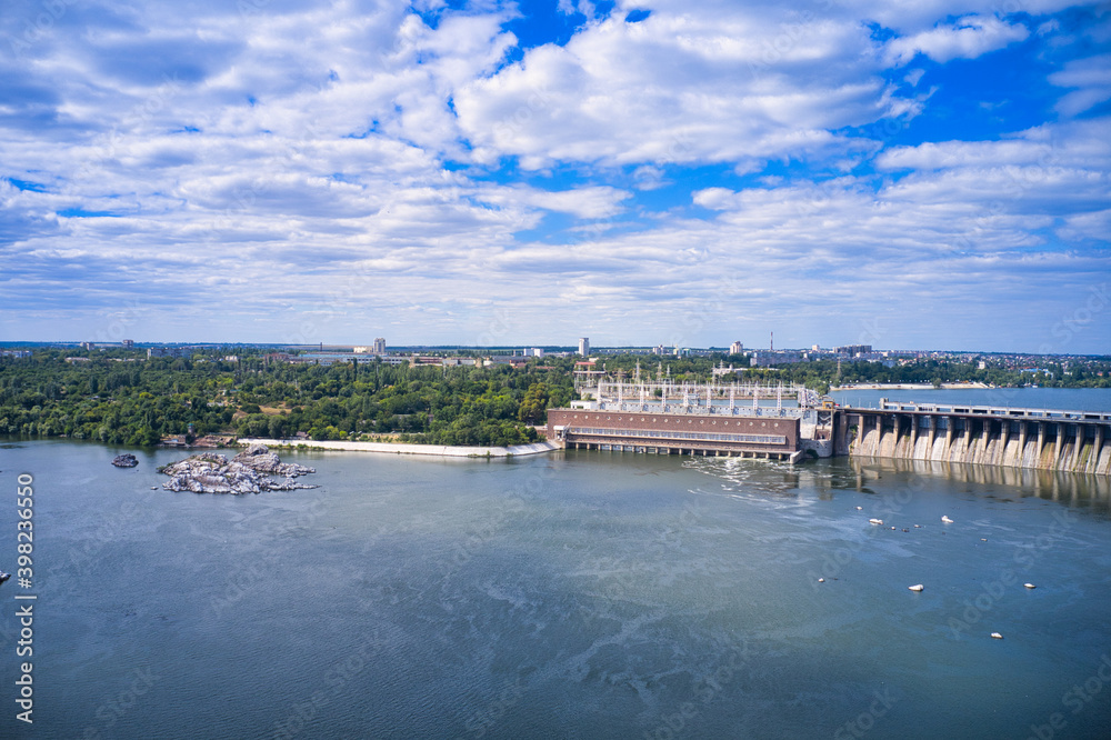 Beautiful nature near the river. Dnieper hydroelectric power station in Zaporozhye