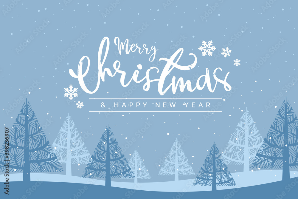 merry christmas - white hand letter on abstract line blue christmas tree and snow on soft blue background