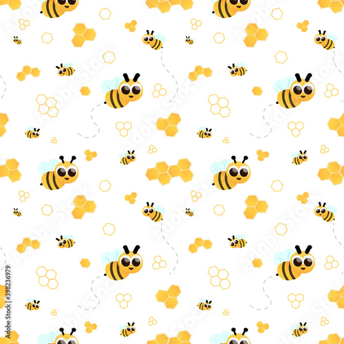 Childish yellow seamless pattern with cartoon character bee and honey, illustration for children fabric, baby shower or wallpaper, wrapping paper