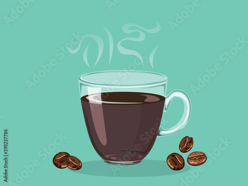 Steaming coffee drink in glass cup on blue background. Vector illustration in cartoon flat style.