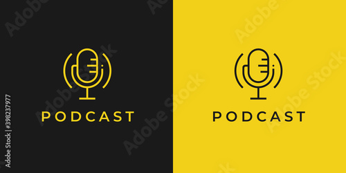 Podcast logo. Classic microphone line icon. Studio mic symbol. Radio talk show sign. Vector illustration.