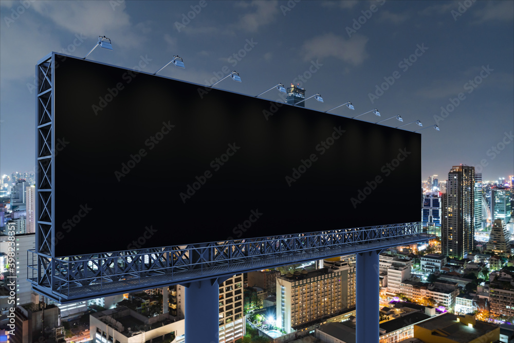 Blank black road billboard with Bangkok cityscape background at night time. Street advertising poster, mock up, 3D rendering. Side view. The concept of marketing communication to promote idea. Blank black road billboard with Bangkok cityscape background at night time. Street advertising poster, mock up, 3D rendering. Side view. The concept of marketing communication to promote idea.