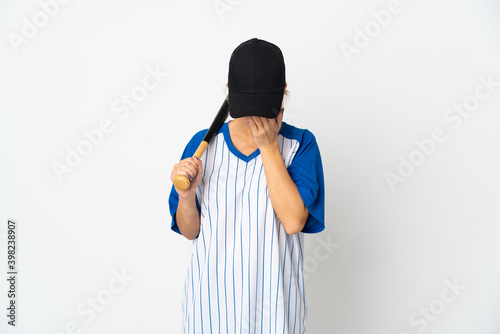 Young Russian woman playing baseball isolated on white background with tired and sick expression
