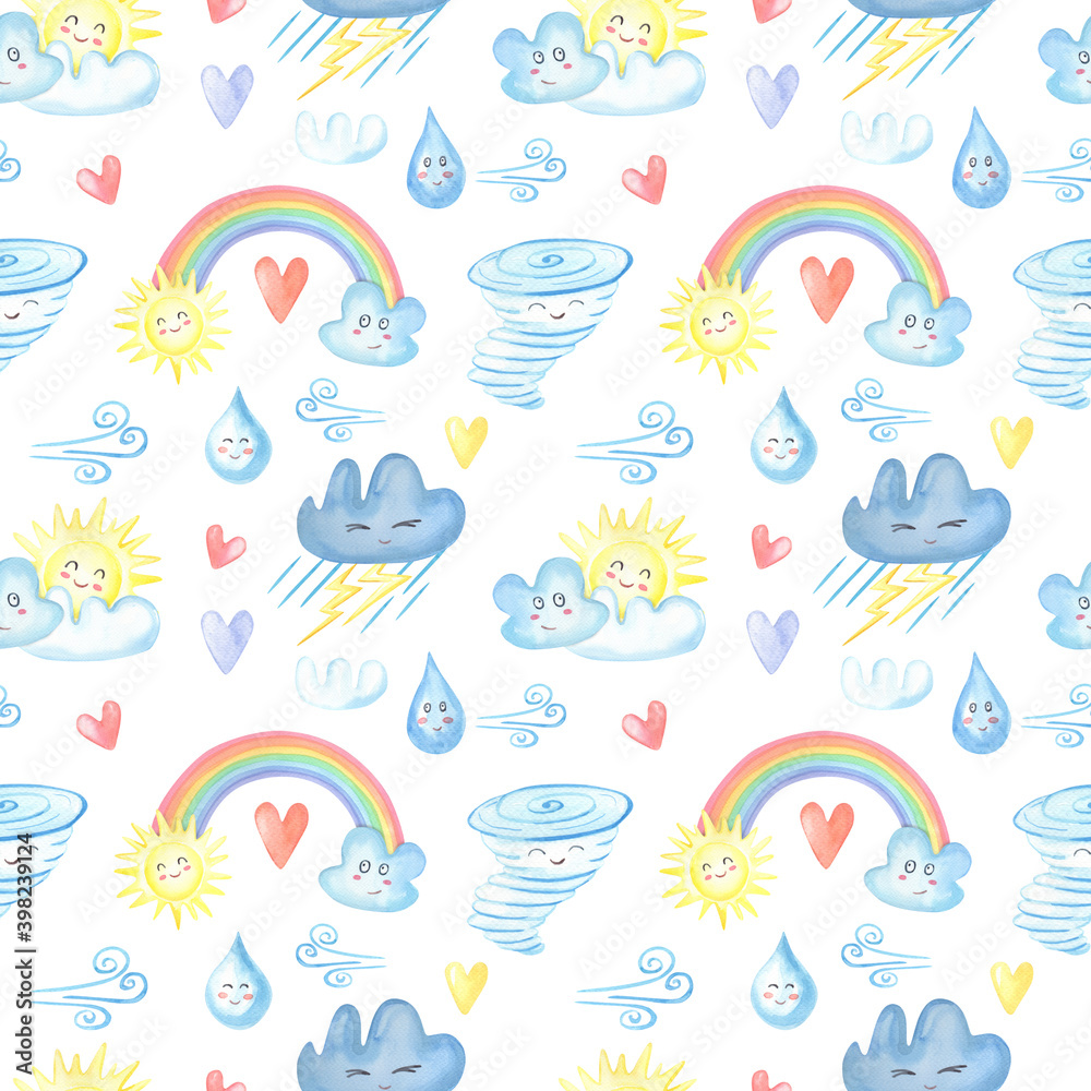 Watercolor seamless pattern of the weather for kids.Cute Sun,heart,rainbow, cloud,thunderstorm,raindrop,lightning, puddle,