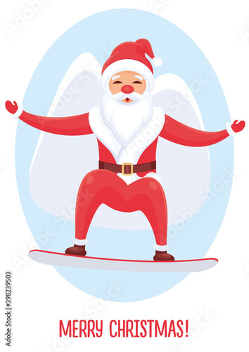 SANTA KLAUS IS JUMPING ON A SNOWBOARD