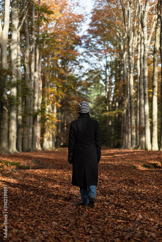 Woman hiking in deciduous autumn forest. Rear view. © ysbrandcosijn