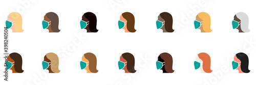 Frauen mit Maske, verschiedene Nationalitäten/Hautfarben, Icon, Schutz, Maßname, Virus. Diversität