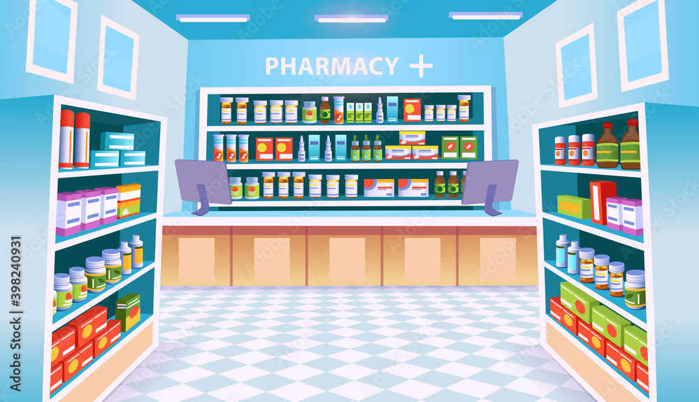 Pharmacy vector interior with shelves of pills. Vector cartoon background.