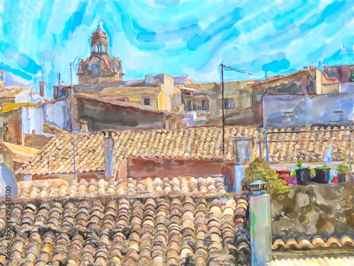 watercolor illustratiion of village Alcudia in Mallorca island. Spain. photo