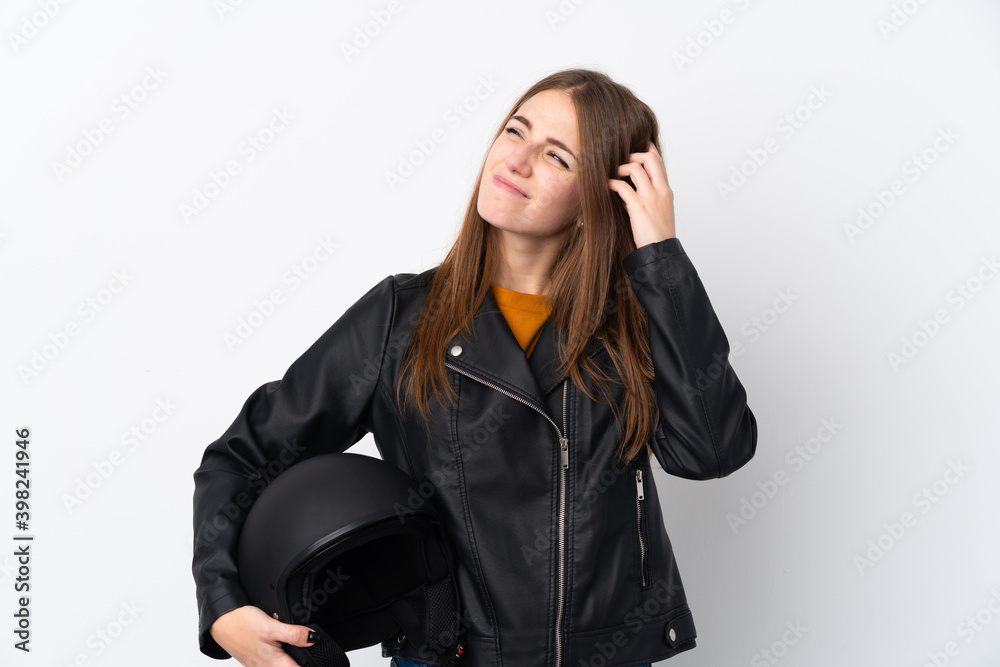 Woman with a motorcycle helmet having doubts and with confuse face expression Woman with a motorcycle helmet having doubts and with confuse face expression