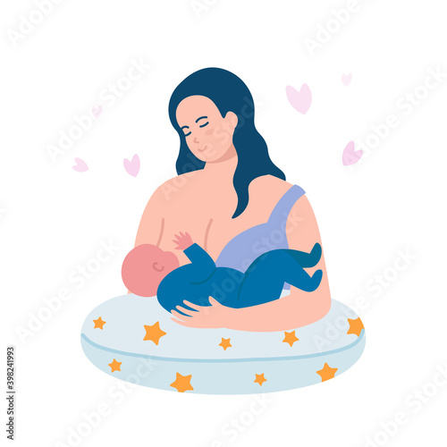 Happy woman breastfeeding her baby on a pillow. Vector cartoon illustration.