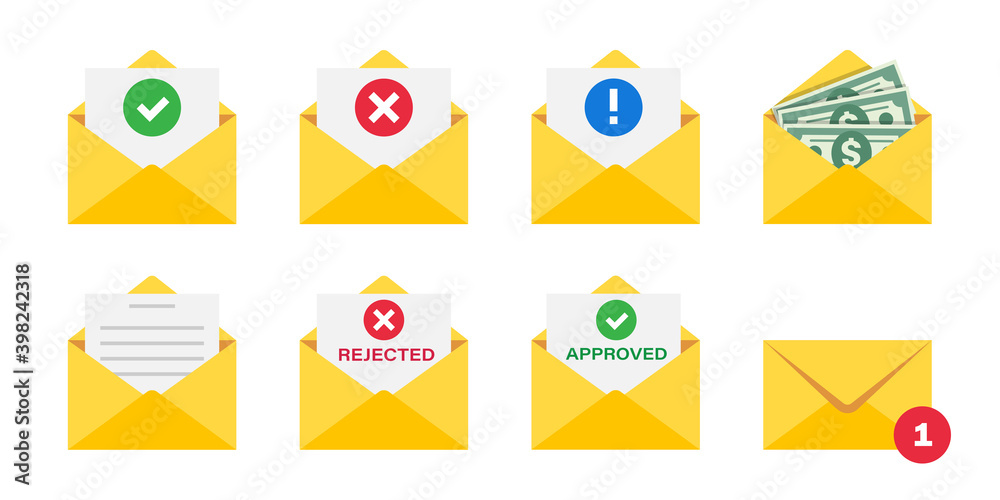 Collection of message icons. Envelope with approved, rejected notification, with money, text. Unread letter Collection of message icons. Envelope with approved, rejected notification, with money, text. Unread letter