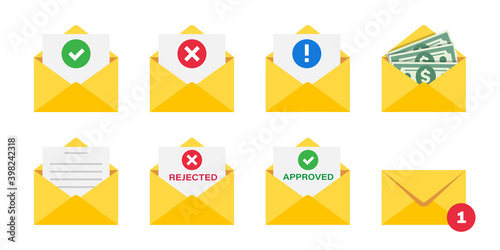 Collection of message icons. Envelope with approved, rejected notification, with money, text. Unread letter
