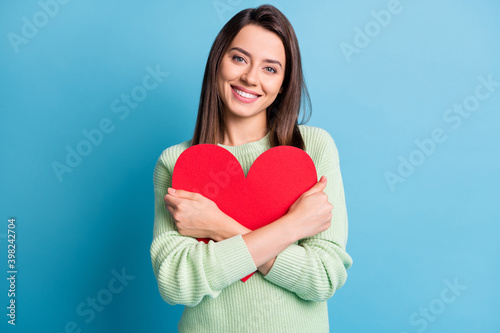 Slika na platnu Photo of lovely young girl cuddle red paper heart figure toothy smile wear green