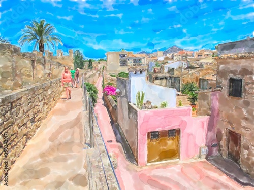 watercolor illustratiion of village Alcudia in Mallorca island. Spain. photo