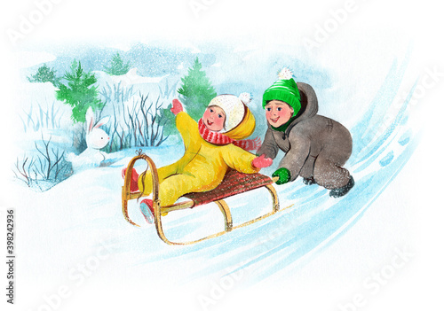 Fotografie winter fun, children on sledges, watercolor, print, postcard