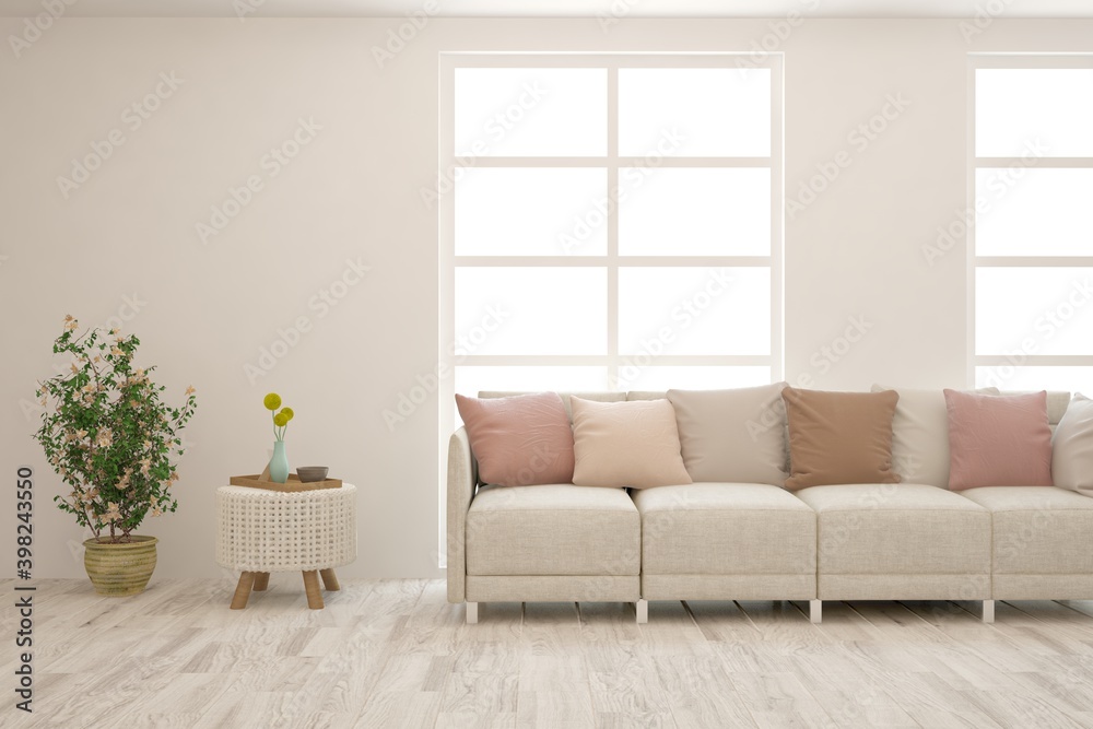 White living room with sofa. Scandinavian interior design. 3D illustration - obrazy, fototapety, plakaty 
