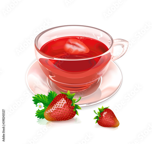 Photo realistic glass Cup of strawberry tea with strawberries isolated on a white background. Vector.