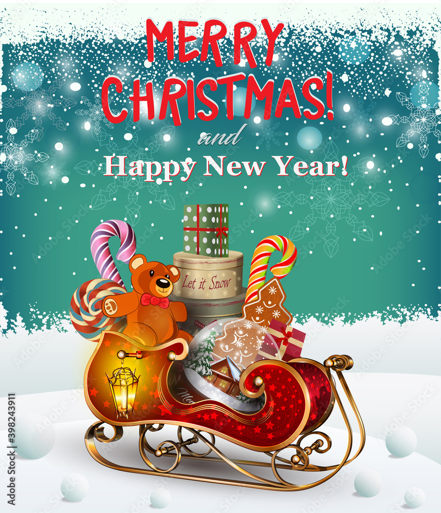 santa-sleigh-with-cute-christmas-gifts-on-christmas-background-merry