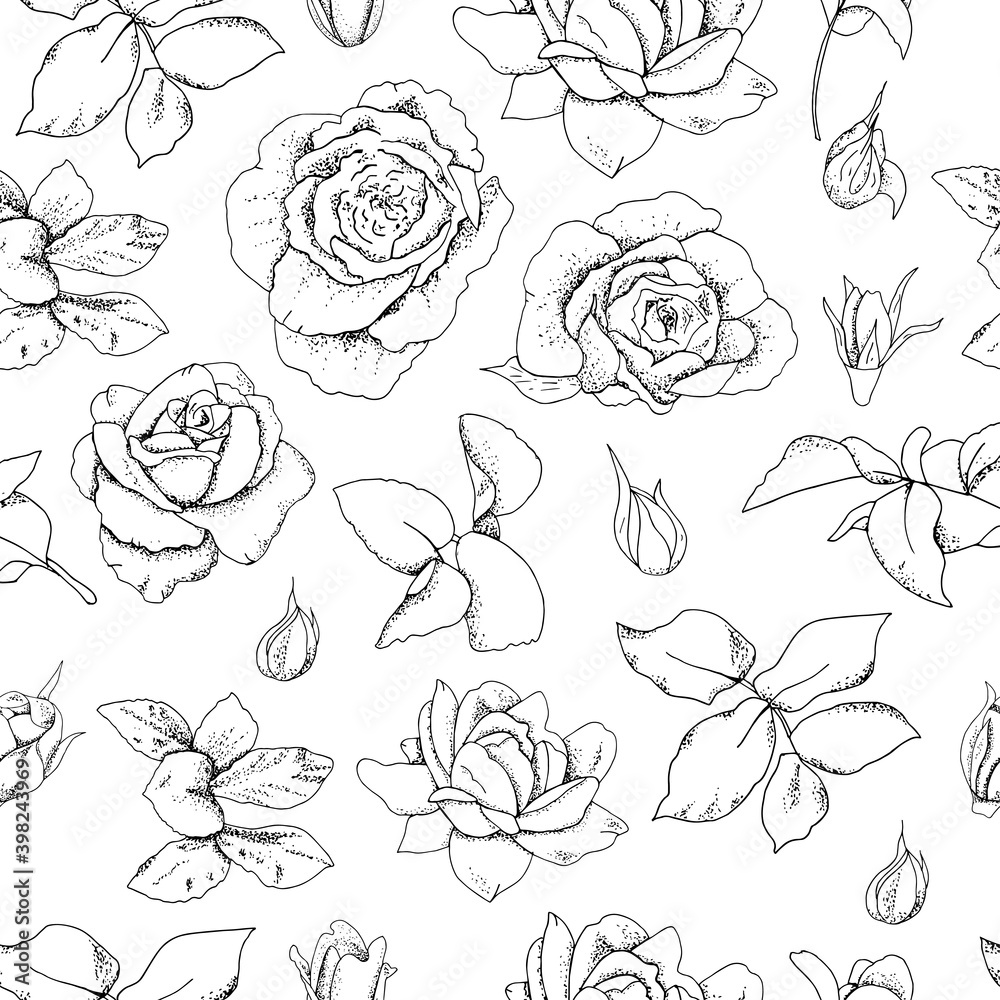 Seamless black and white Rose Pattern. Excellent for fabric, wallpaper, gift boxes, background greeting cards and invitations