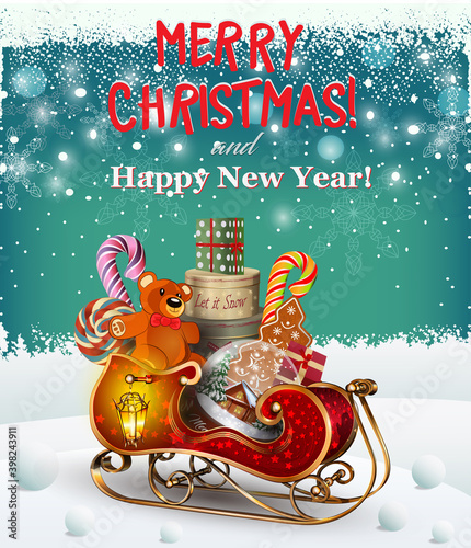 Santa sleigh with cute christmas gifts on Christmas background.Merry Christmas and Happy New Year poster.