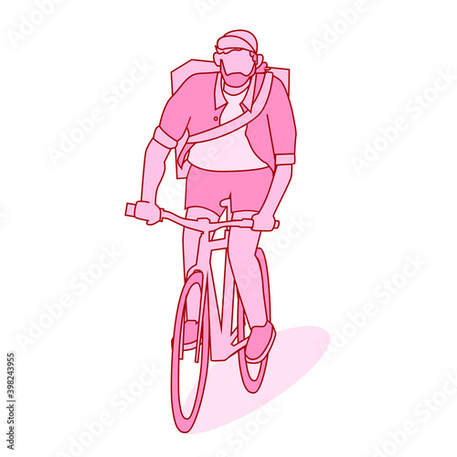 isolated bike currier character wear back pack and hat.  Bike messenger bearded male character hipster style. monochrome red color vector illustration