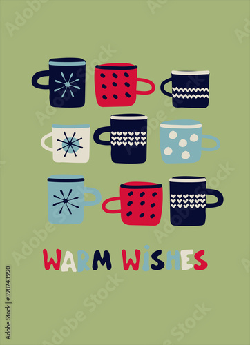 Greeting card, social media post design template. Cups for hot drink with patterns, Warm Wishes hand lettering. Christmas, New Year, winter holidays concept. Scandinavian hygge style