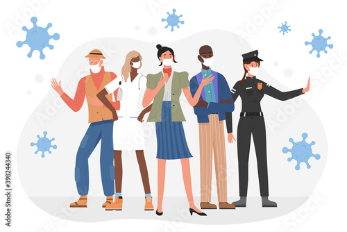 People different professions and ages in protective masks vector illustration. Cartoon man woman characters wearing professional suits uniform and face mask to protect against coronavirus background
