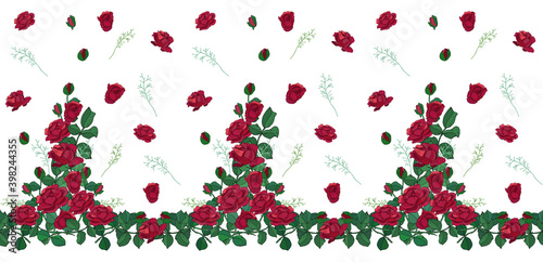 Floral seamless pattern with red roses. Excellent print for greeting cards, clothes, bed linens, fabric, textiles, wallpaper, wrapping paper, gift box