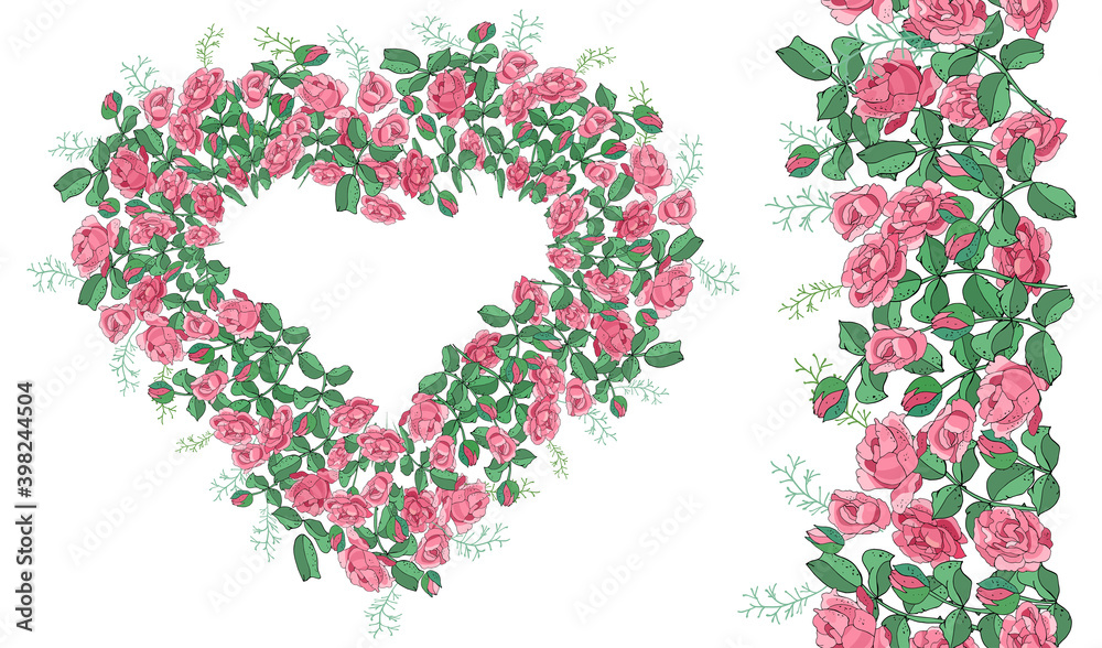 Floral set of vector pink roses in the heart shape and endless border isolated on white background.