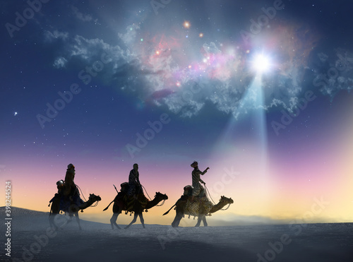 Christian Christmas scene with the three wise men and shining star  3d render 