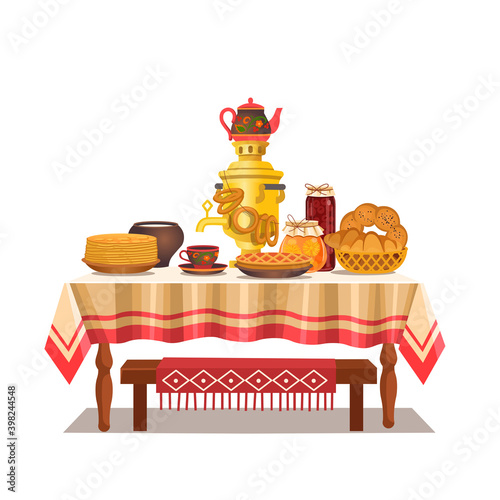Festive Russian Table with a samovar, pancakes, bagels, pie, jam. Cartoon vector illustration isolated on white background.