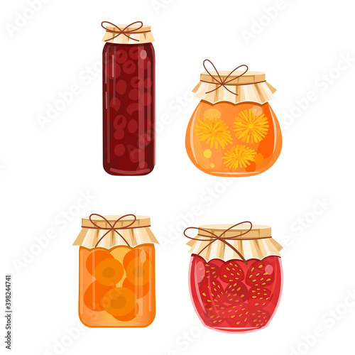 Jam in jars of strawberries, cherries, dandelions, apricots. Cartoon flat vector illustration isolated on white background.