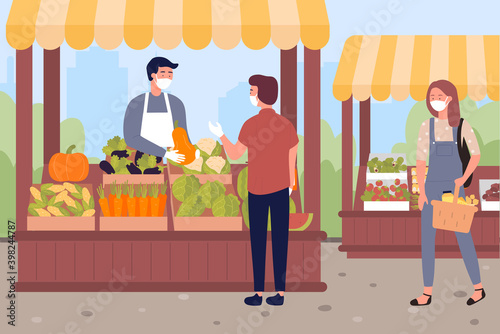 People buy vegetables and fruits at farm market vector illustration. Cartoon farmer vendor and buyer characters wearing face masks, safe grocery shopping with protective measures against coronavirus