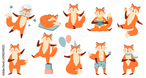 Cartoon funny fox vector illustration set. Cute collection with red fox astronaut flying in space, reading book, sitting in yoga zen pose, sleeping, celebrating holiday with balloons isolated on white