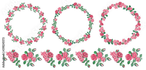 Set of round template and seamless border with pink roses and leaves isolated on white background.
