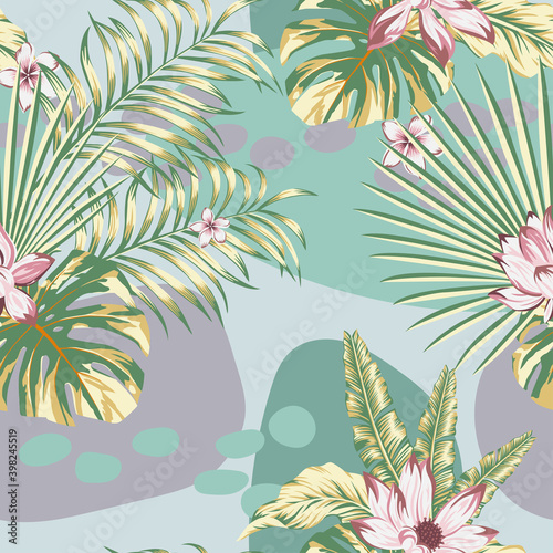 Summer exotic floral tropical palm, banana leaves in green style. Pattern vector seamless on the green gray abstract background. Plant flower nature wallpaper