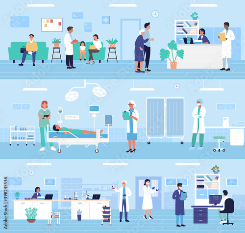 Hospital clinic office departments interior vector illustration set. Cartoon medicine staff, man woman doctors work in medical laboratory, reception, treat sick patients in surgeon ward background