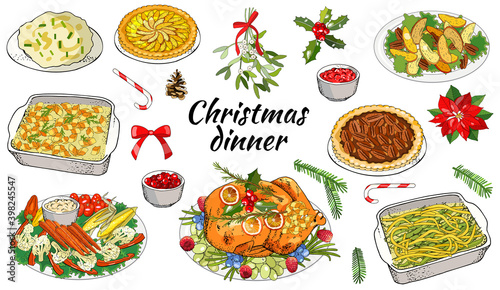 Fototapeta Naklejka Na Ścianę i Meble -  Vector illustration of traditional Christmas dishes isolated on white background. Holiday food. Classic New Year eating. Main course and garnish.