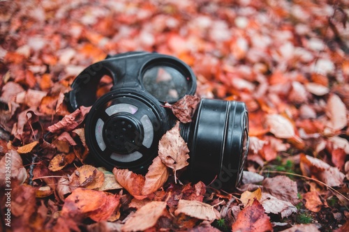 Old black gas mask laying in the leaves on the ground