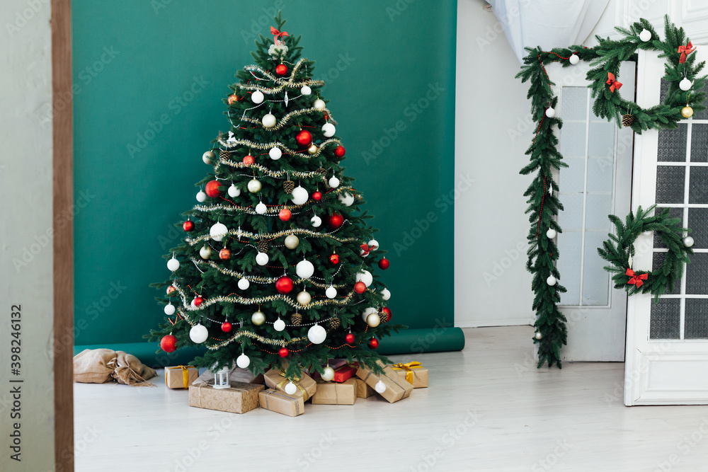 Christmas tree with gifts decor garland interior new year